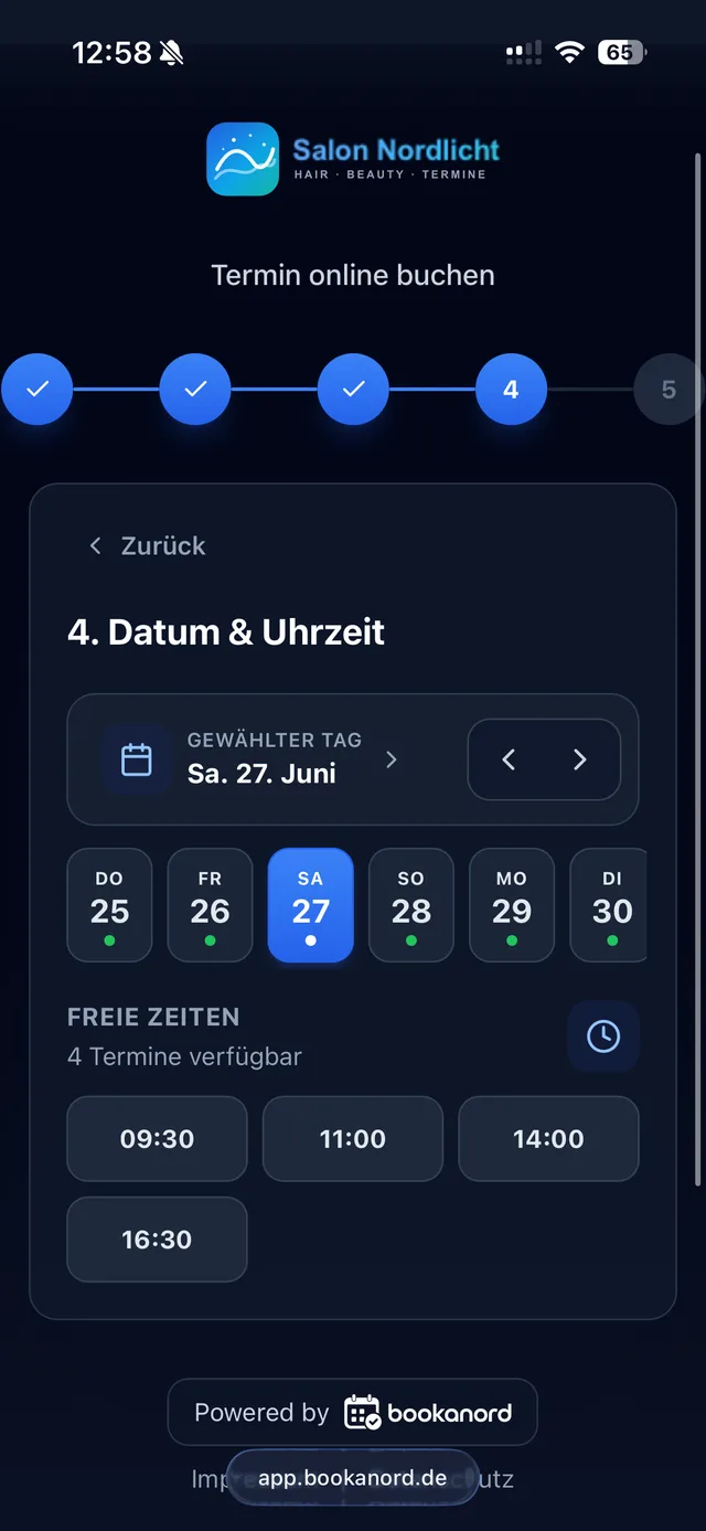 Mobile Bookanord-Buchung – Datum und Uhrzeit auswählen